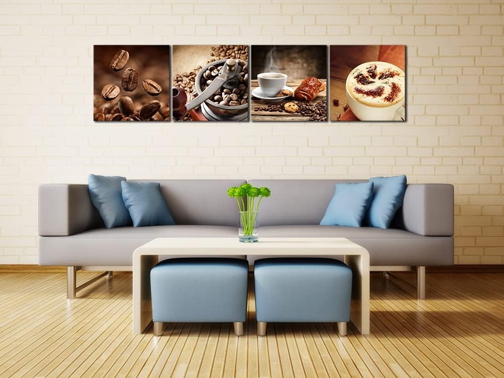 Wieco Art Warm Coffee Giclee Canvas Prints Wall Art Brown Bean Cup Pictures Paintings for Dining Room Kitchen Bar Home Decorations 4 Piece Large Modern Stretched and Framed Contemporary