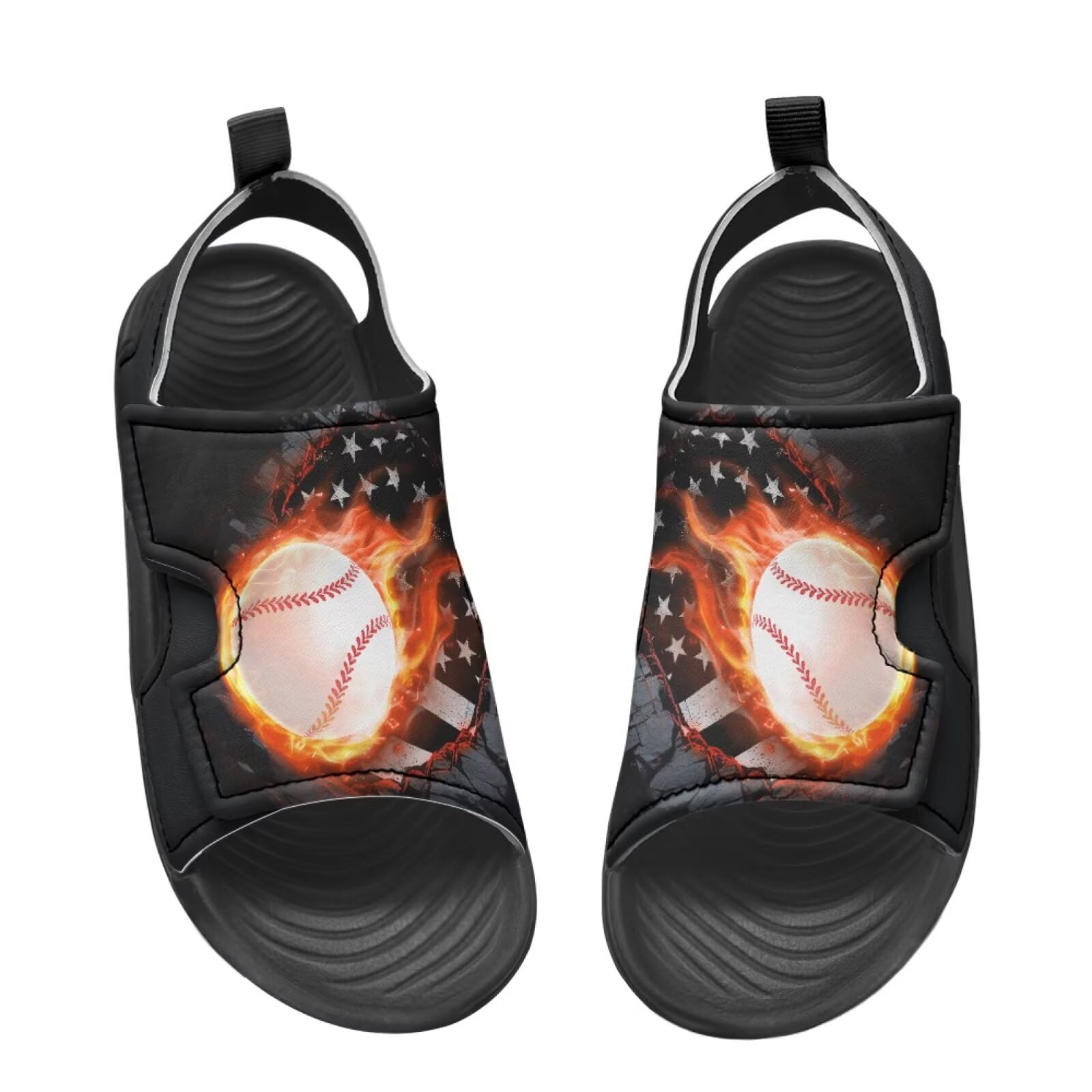 Chririnla USA Flag Summer Sandals Flame Baseball Big Kids Water Shoes Adjustable Strap Open Toe Outdoor Slides Beach Sport Slip On Waterproof Shoes