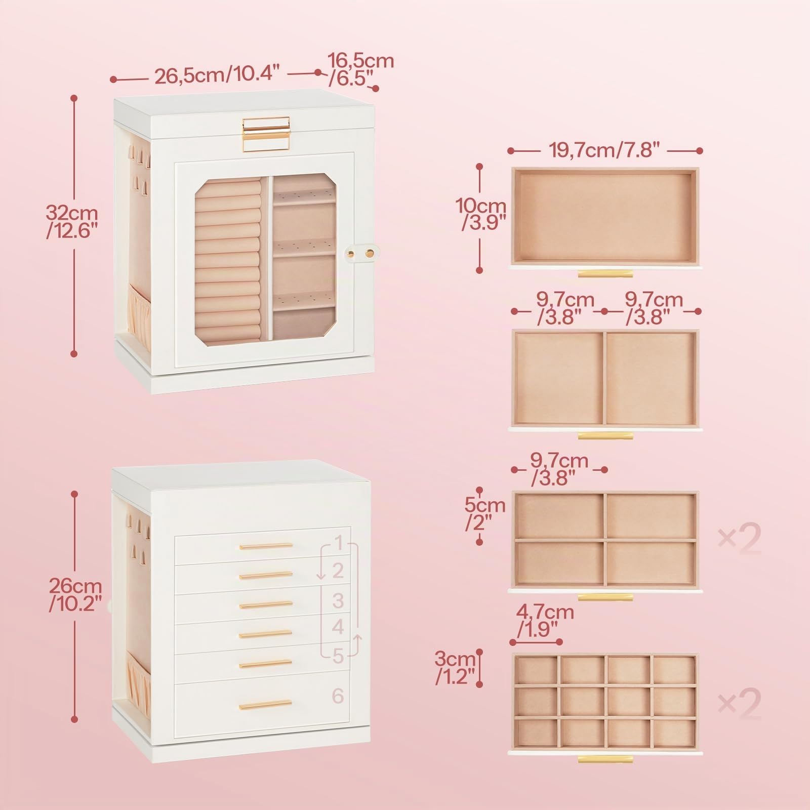HOOBRO Caja Joyero Giratorio 360°, Caja de Joyas, Organizador de Accesorios con 6 Cajones y Vitrina de Vidrio, Expositor para Collares, Anillos, Pendientes, Pulseras, Blanco y Dorado EWT16JB04