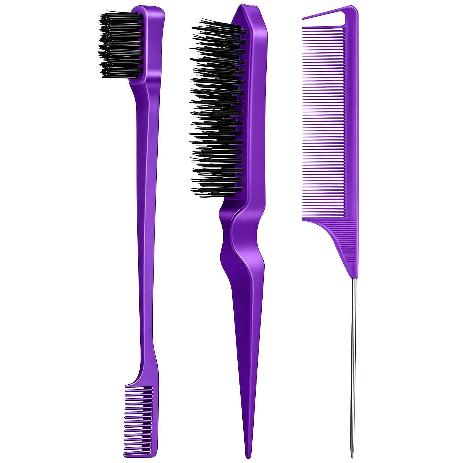 3 Pieces Hair Styling Comb Set Teasing Brush Rat Tail Comb Edge Brush for Edge&Back Brushing, Combing, Slicking Hair for Women (Purple)