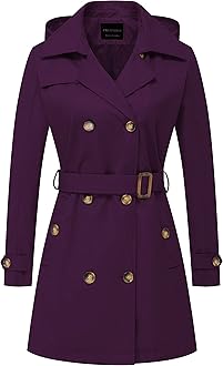CREATMO US Women's Trench Coat Double-Breasted Classic Lapel Overcoat Belted Slim Outerwear Coat with Detachable Hood