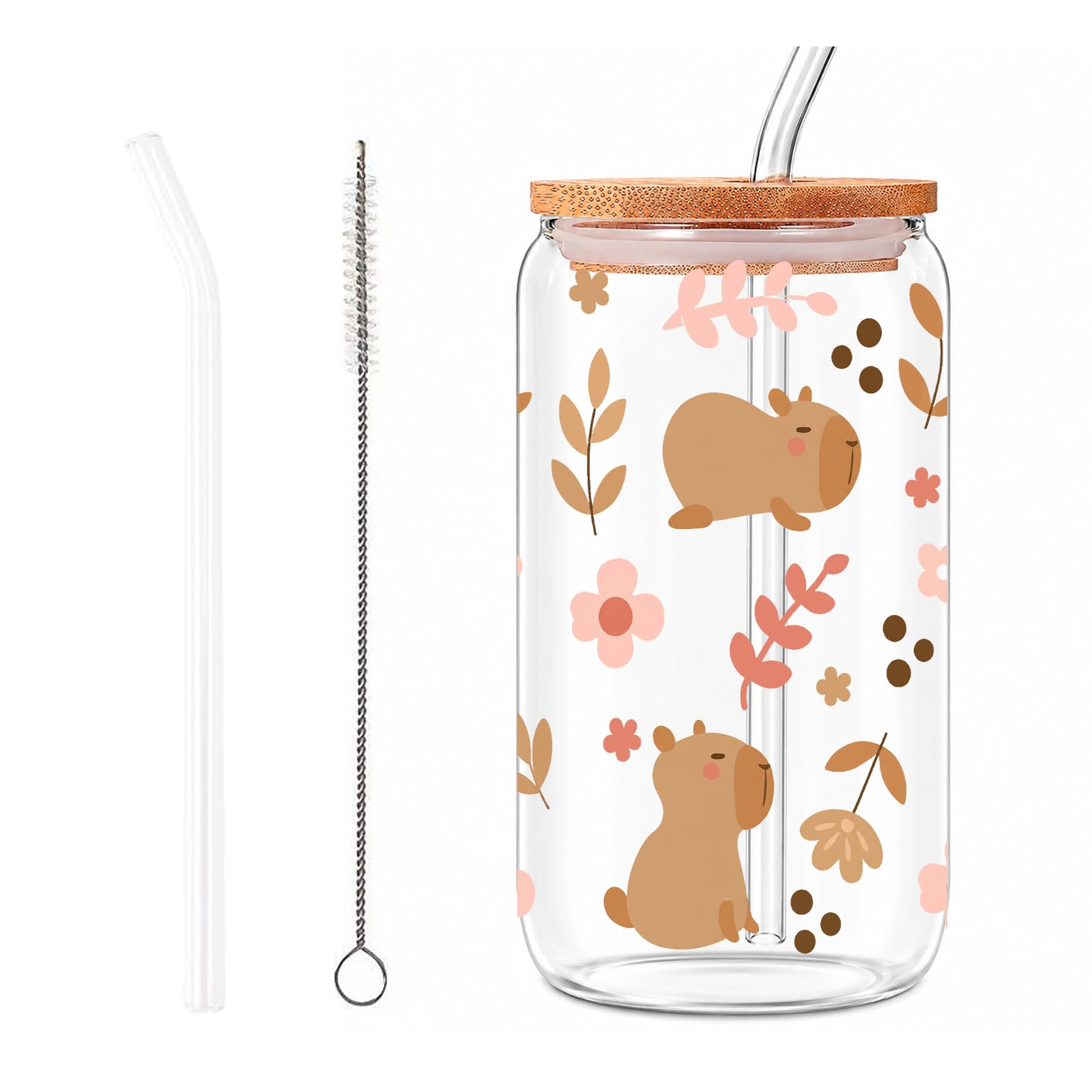 Bryxora Capybara Mug Glass Cups with Lids and Straws, Floral Printed Glass Cup with Bamboo Lid and Straw, Includes Straw Cleaning Brush