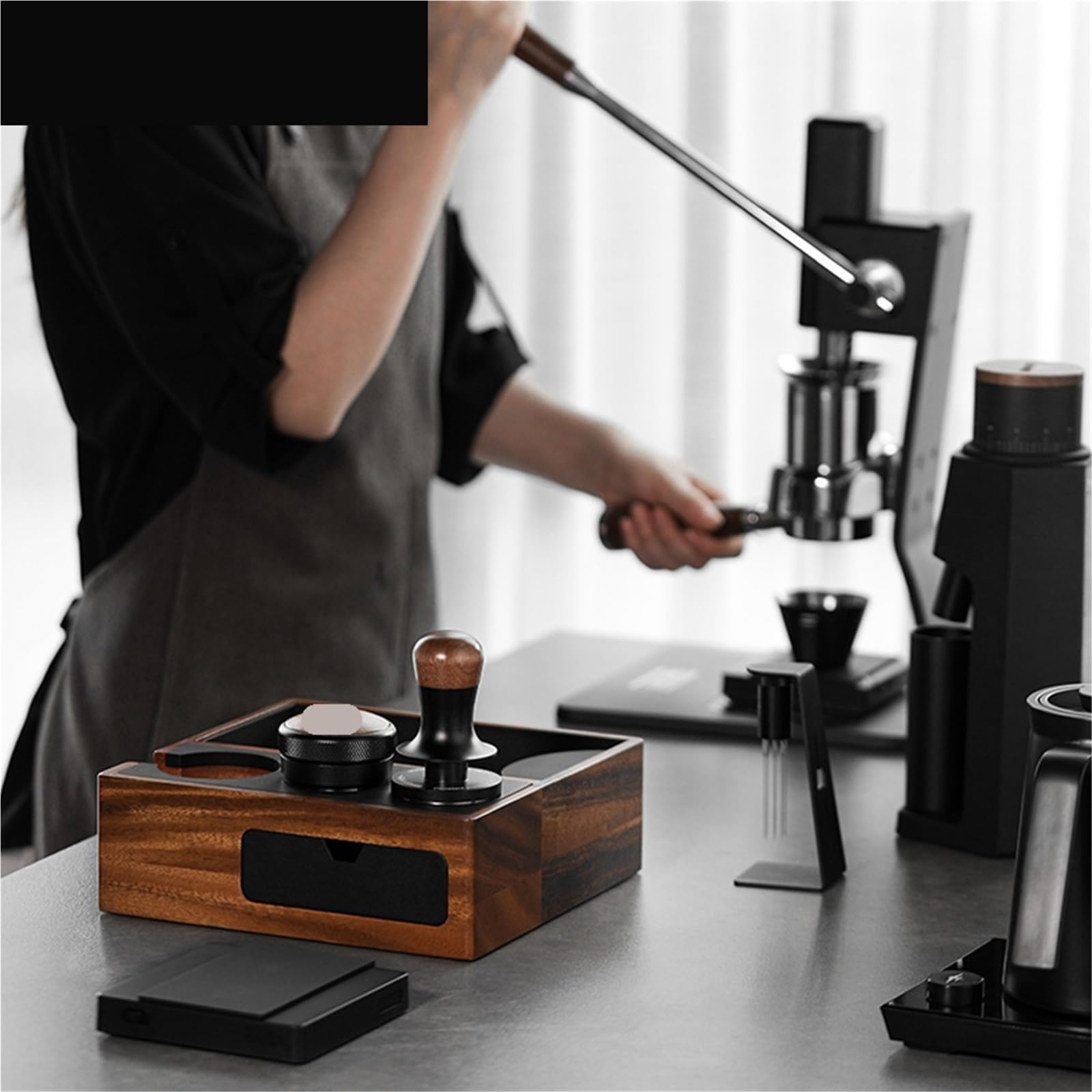 Portafiltro de café, Soporte for Tamper, tapete for Espresso, Soporte de Madera, Herramientas for café, Caja de Golpe, Accesorios de café for Barista para Cocina, Cafetería(Light Grey)