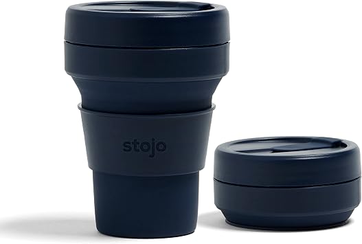STOJO On-The-Go Collapsible Coffee Cup - 12oz / 355ml - Reusable & Foldable Silicone Travel Mug with Lid - Portable, Pocket Size - Dishwasher Safe - Denim