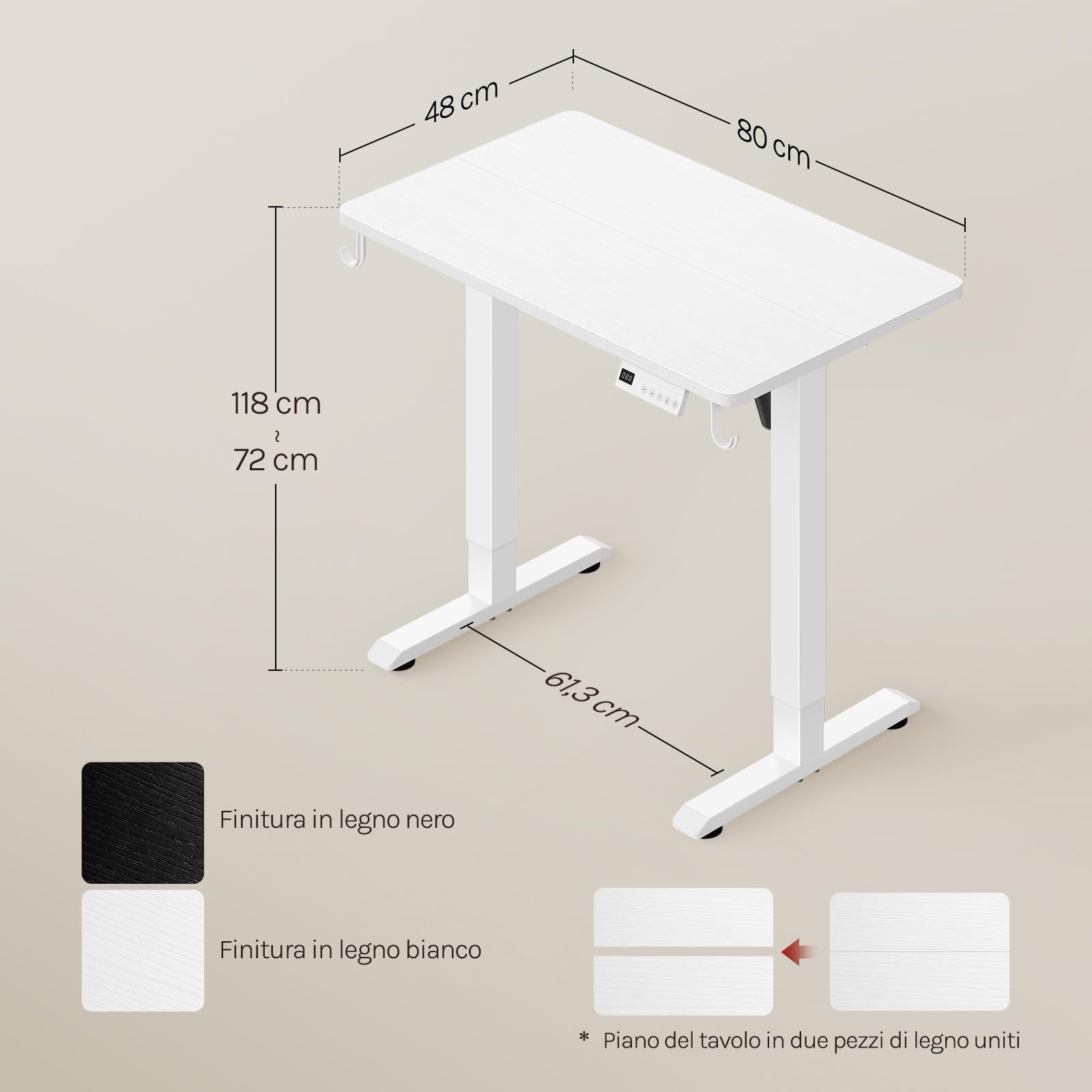 WOLTU Scrivania Elettrica Regolabile in Altezza 72-118 cm, con 3 Memorie e 2 Ganci – Bianco, Silenziosa, Capacità di Carico 80 kg – per Ufficio, Casa, Gaming e Studio, 80x48 cm