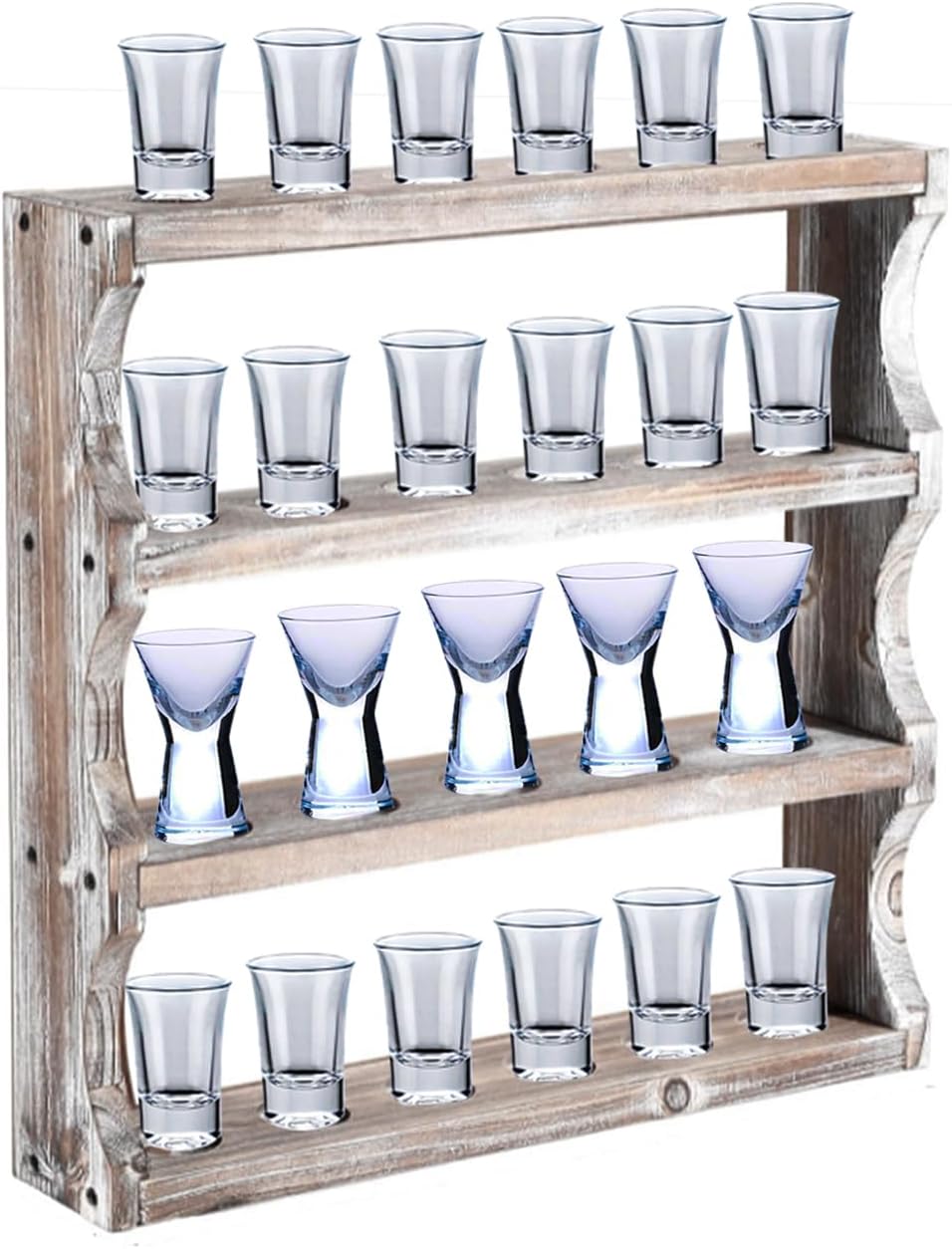 Wood Shot Glass Display Case Shot Glasses Holder for wall shot glass display Bar Collection Stand Collection Display Rack (Old-White)