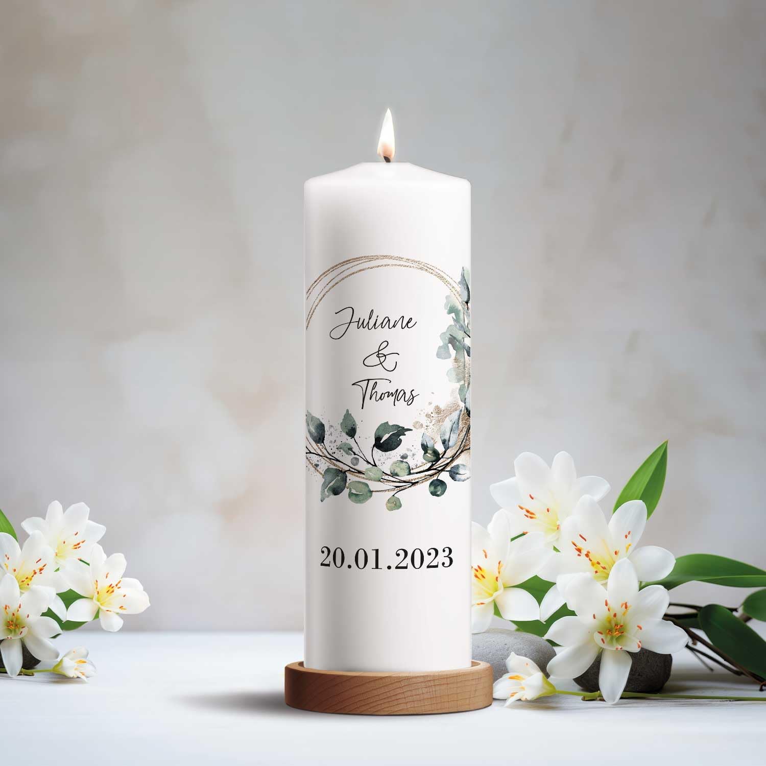GRAVURZEILE Candela Stampata - Cerchio Floreale - Personalizzata Con Nome e Data per Nozze - Regalo per Sposi - Pilastro di Alta Qualità 250/80 mm - Bianco