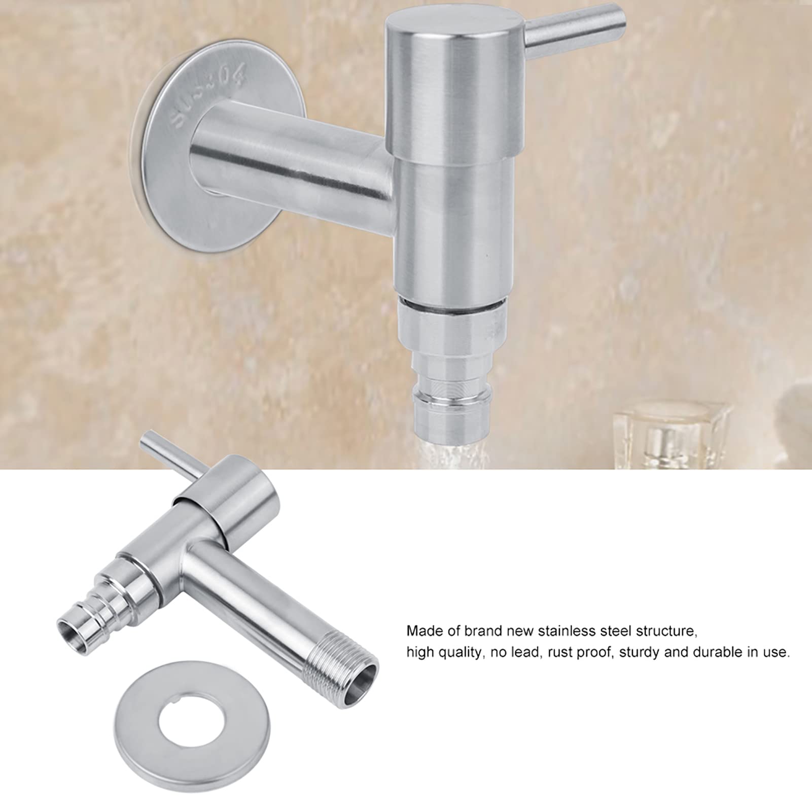 Grifo de Jardín G1/2, Adaptador de Grifo de Agua Montado en la Pared Exterior de Acero Inoxidable 304, Lavadero, Baño, Lavadora, Fregona, Grifo para Estanque, Grifo de Agua Fría