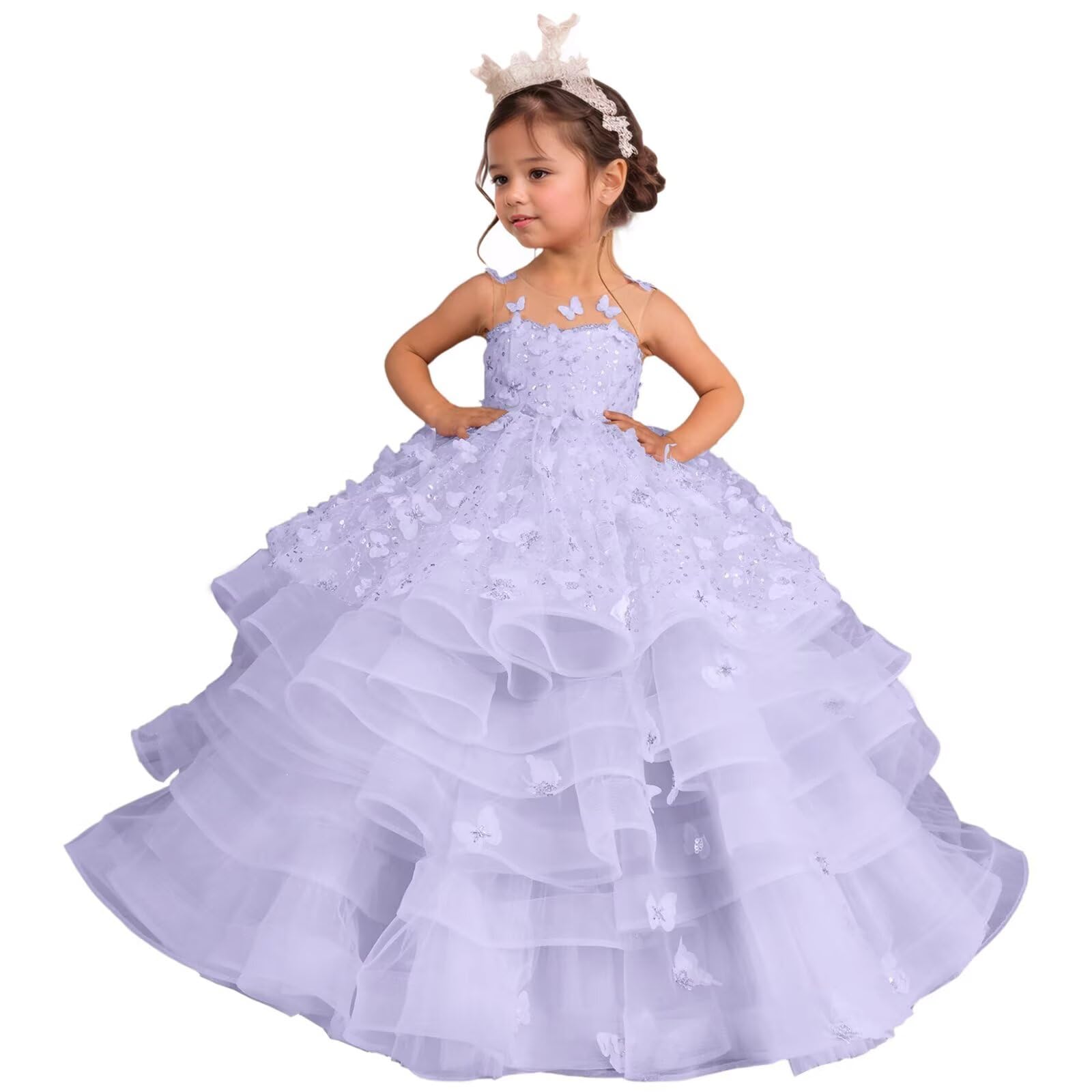 LeLeBlüm Flower Girl Dress Lace Butterfly Tulle Appliques Flower Girl Dresses Princess Pageant Dresses for Girls Ball Gown