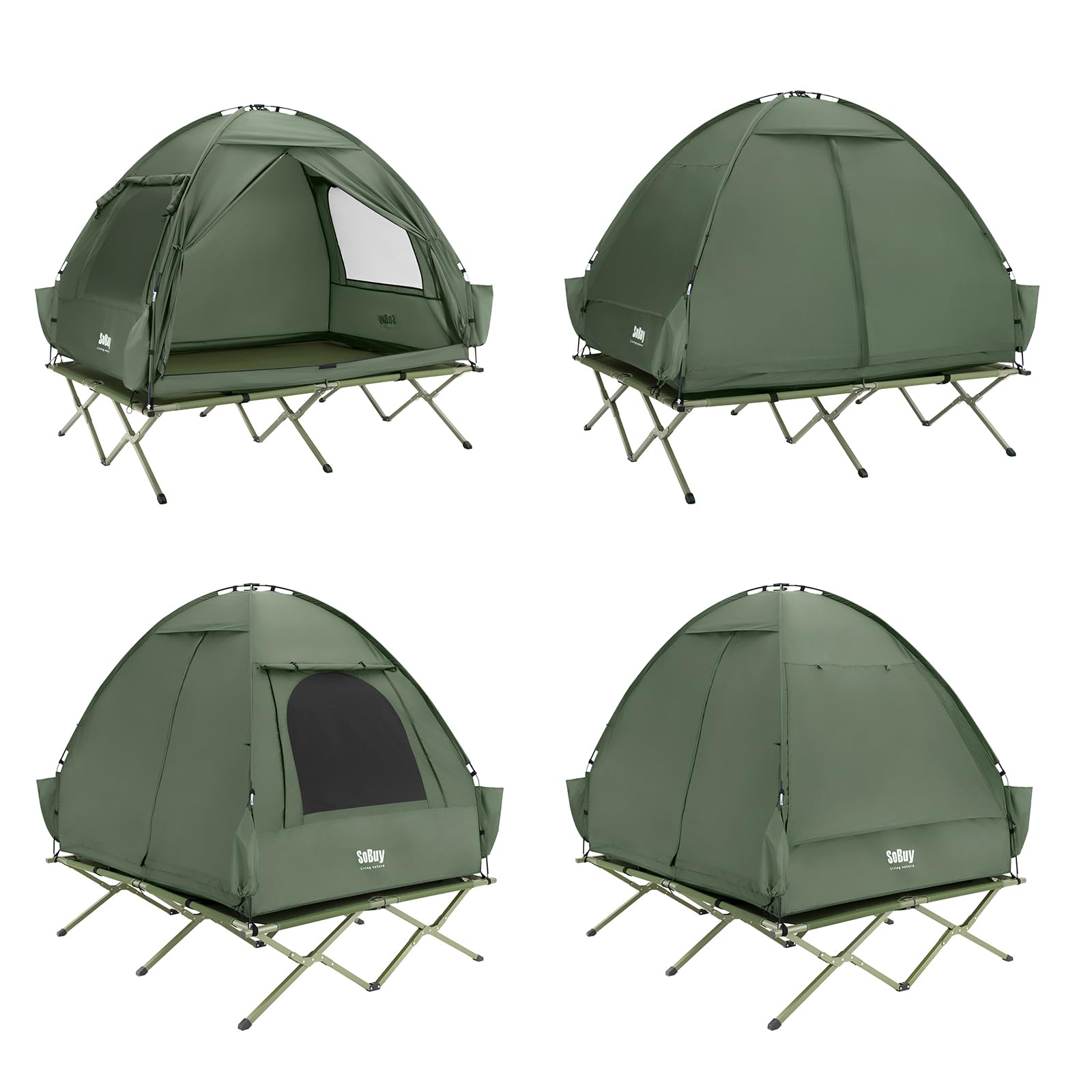 SoBuy Feldbett mit Zelt Grün 4in1 Zelt auf Stelzen mit Rolltasche Wasserdichtes Campingbett Outdoor Campingliege Familienzelt ohne Matratze Angelzelt Grün