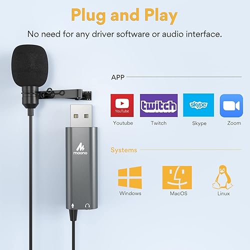 Miniatura 5 de MAONO AU-UL20 Micrófono Lavalier USB con conector para auriculares, micrófono omnidireccional con clip de solapa para computadora, grabación,
