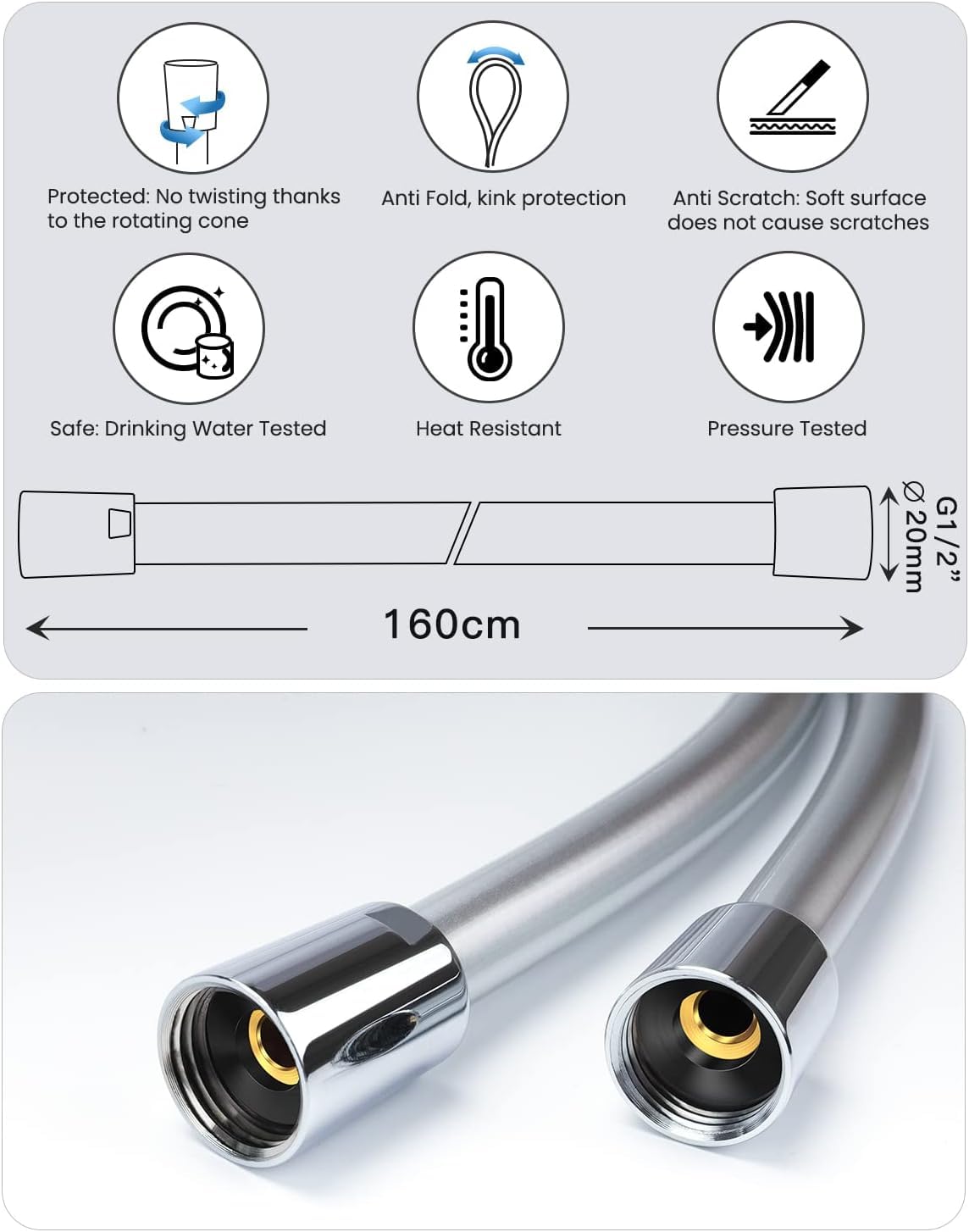 YEAUPE PRO - Tubo flessibile per doccia con protezione contro la torsione, 160 cm, attacco standard da 1/2", flessibile e resistente alle pieghe, adatto all'acqua potabile e testato a pressione