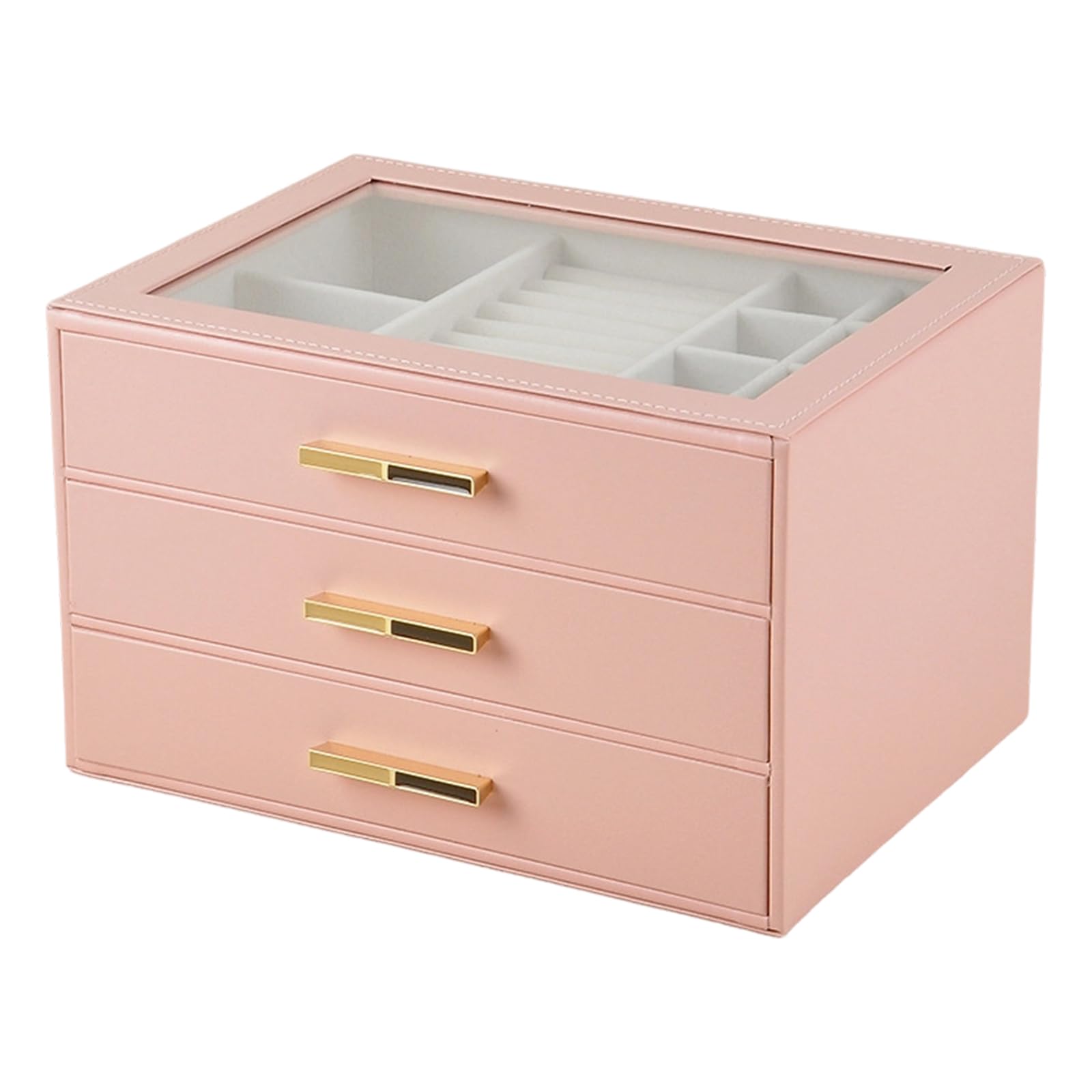 Piceioep Portable Jewelry with Glass Top View Three Layers Velvets Lined Interior Secure Drawer Storage Box