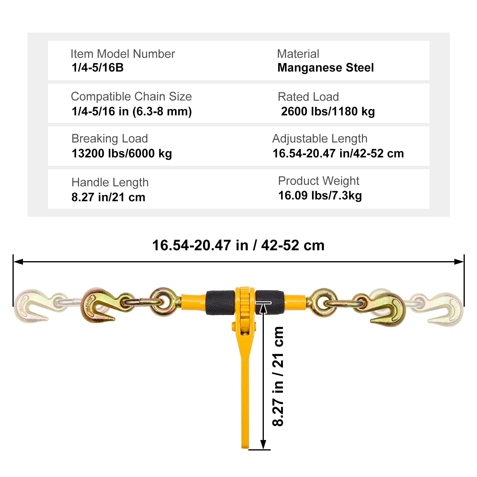VEVOR Tenditore a cricchetto per catena di ancoraggio 6,3-8 mm, Carico di lavoro sicuro 1180 kg, 4 Pezzi, 2 ganci di presa, Elementi di fissaggio per catena di trasporto, Rimorchio, Camion a pianale