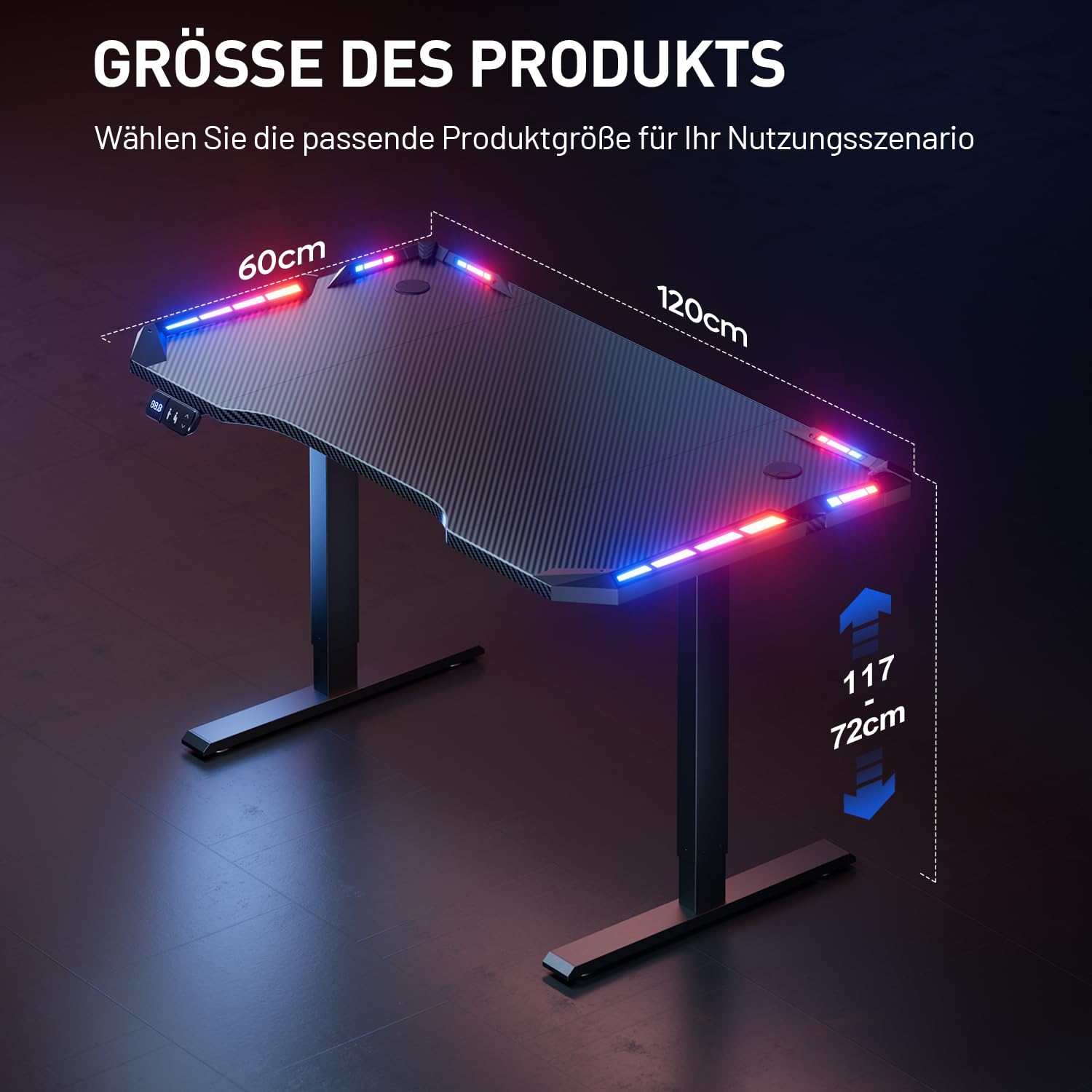 HLONONE Höhenverstellbarer Schreibtisch 120 x 60 cm, Gaming Tisch mit LED, Elektrischer Schreibtisch, Steh-Sitz Tisch mit Kohlefaseroberfläche, Elektrisch Computertisch mit Funktions-Memory, Schwarz