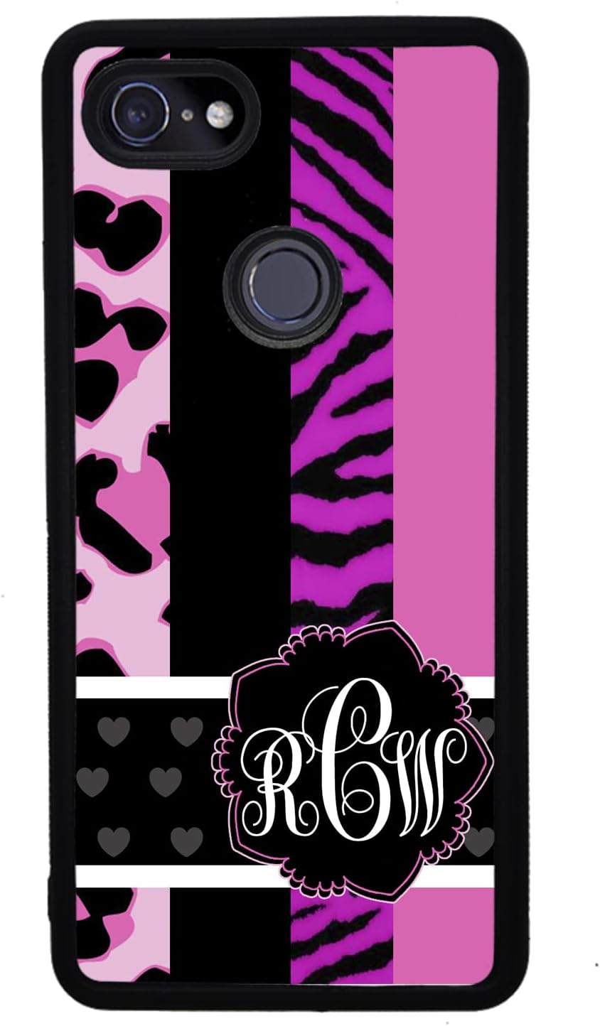 Animal Leopard Zebra Monogram Black Rubber Phone Case Compatible With Google Pixel 10, 10 Pro, 10 Pro XL, 9a, 9 Pro, Pixel 9, Pixel 9 Pro XL, 8a, 8 Pro, 8, 7, 6, 6a, 6 Pro, 5, 4