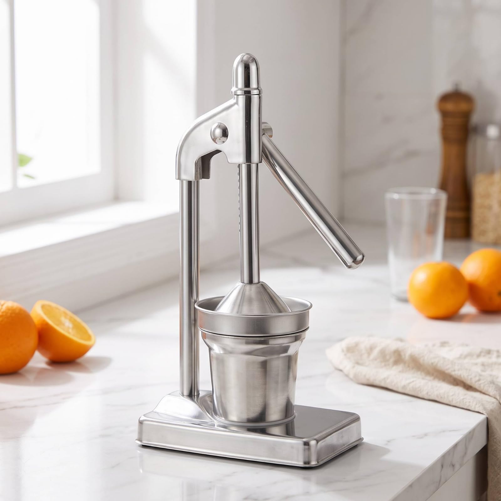Exprimidor Manual de Jugo Extractor de Frutas de Cítricos Palanca Robusta y Copa de Jugo Cilíndrica de Acero Inoxidable 304 Fácil, Naranja