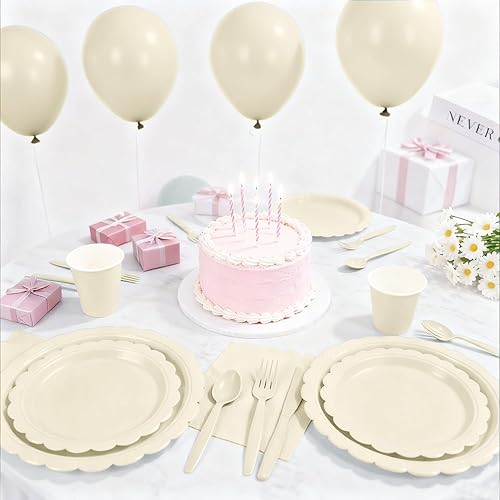 Miniatura 4 de 176 platos y servilletas color marfil, platos festoneados beige, servilletas, vasos, cubiertos, mantel para baby shower, boda, decoración de fiesta