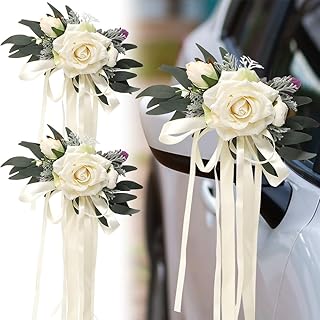 2 Stück Hochzeit Autoschmuck, Autoschleifen Hochzeit Vintage, künstliche Simulation Blumen mit Schleifen, Hochzeitsauto Dekoration für Rückspiegel, Türgriff, Autospiegel, Hochzeitsdeko Auto (Weiß)