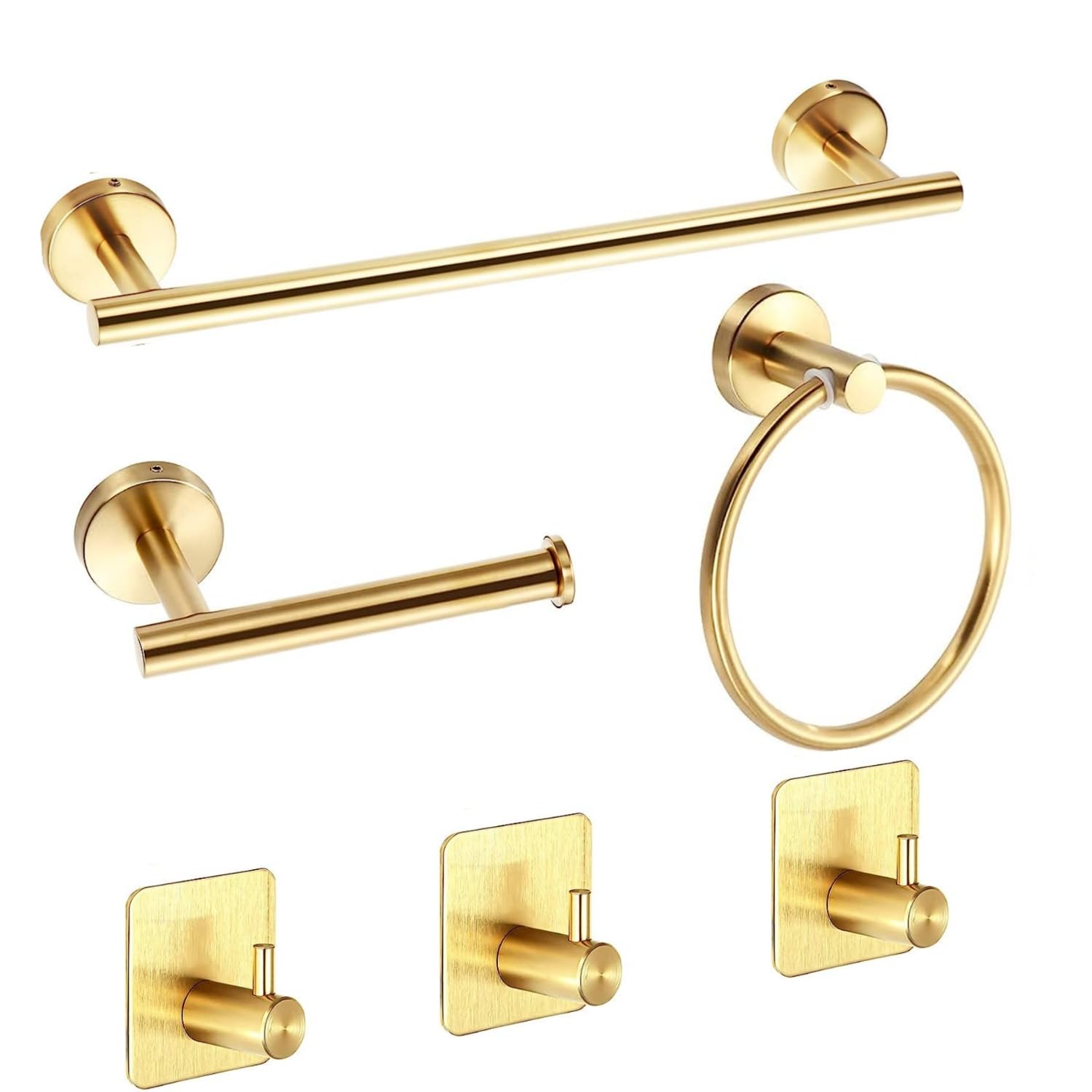 MIXDE 6 PCS Bathroom Hardware Set,MIXDE Stainless Steel Round Wall Mounted - Includes 16" Hand Towel Bar, Towel Ring,Toilet Paper Holder, 3 Robe Towel Hooks,Bathroom Accessories Kit(Gold)