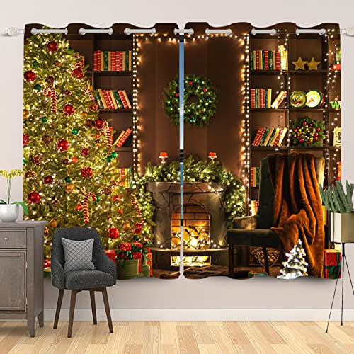 Laeacco Christmas Interior Blackout Curtains Christmas Tree Fireplace Print Curtain