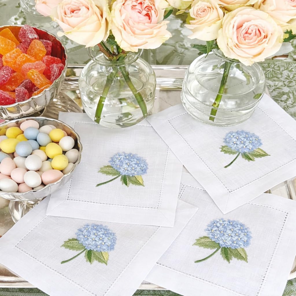 White Hydrangea Hand Embroidered Cocktail Napkins, Set of 4 (6” x 6”), Italian Cotton with Hemstitch Trim, Machine Washable, Reusable Luxury Napkins for Weddings, Spring & Entertaining
