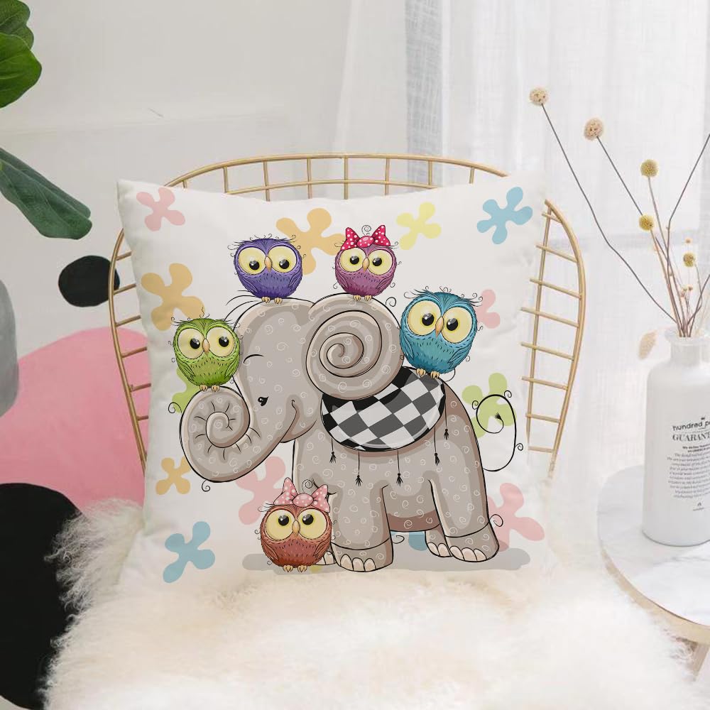 HYMSXW Cushion Cover,Throw Pillow Case Home Decorative for Living Room Bedroom Sofa Chair 20X20 Inch,Cute Cartoon Elephant and Five Owls on a flowers background,Pillowcase 50X50cm