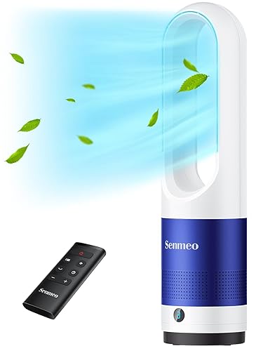 Senmeo Bladeless Fan for Bedroom, 22" Quiet Tower Fan with Remote, 90° Oscillating Fan for Indoors with 8 Speeds, 9H Timer, LED Display, Easy to Clean, Portable Standing Fan for Home, Office - White + Blue - Small