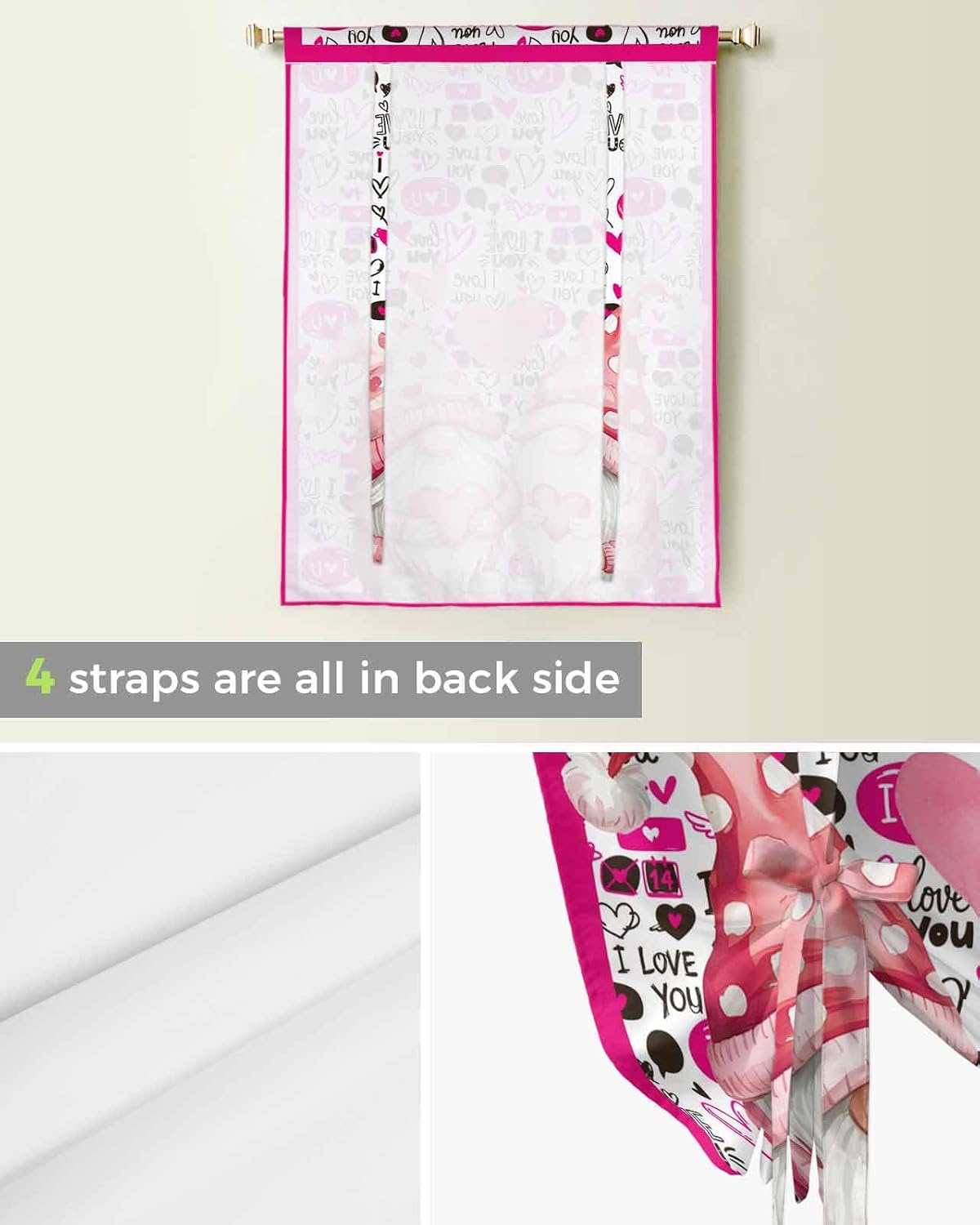 Tie Up Curtains for Windows, Valentine's Day Kitchen Curtain Adjustable Balloon Window Shades, Pink Gnomes Love Black Watercolor Valance Curtains for Living Room/Bedroom/Cafe 46"x63"