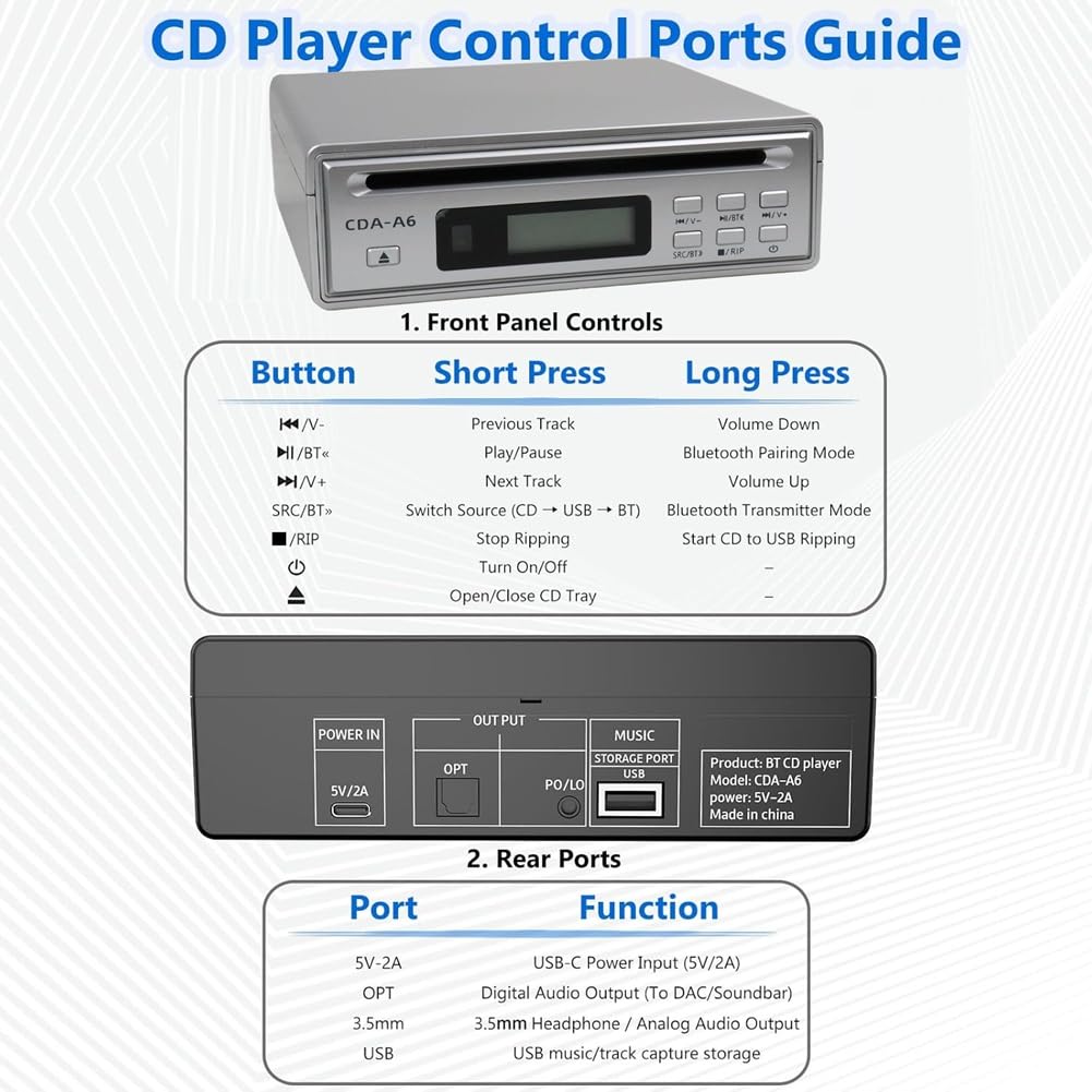 HiFi CD-Player für Zuhause, Tragbarer Bluetooth-Auto-CD-Player mit USB-Ripping, CD-Ripper, Optischem und AUX-Ausgang