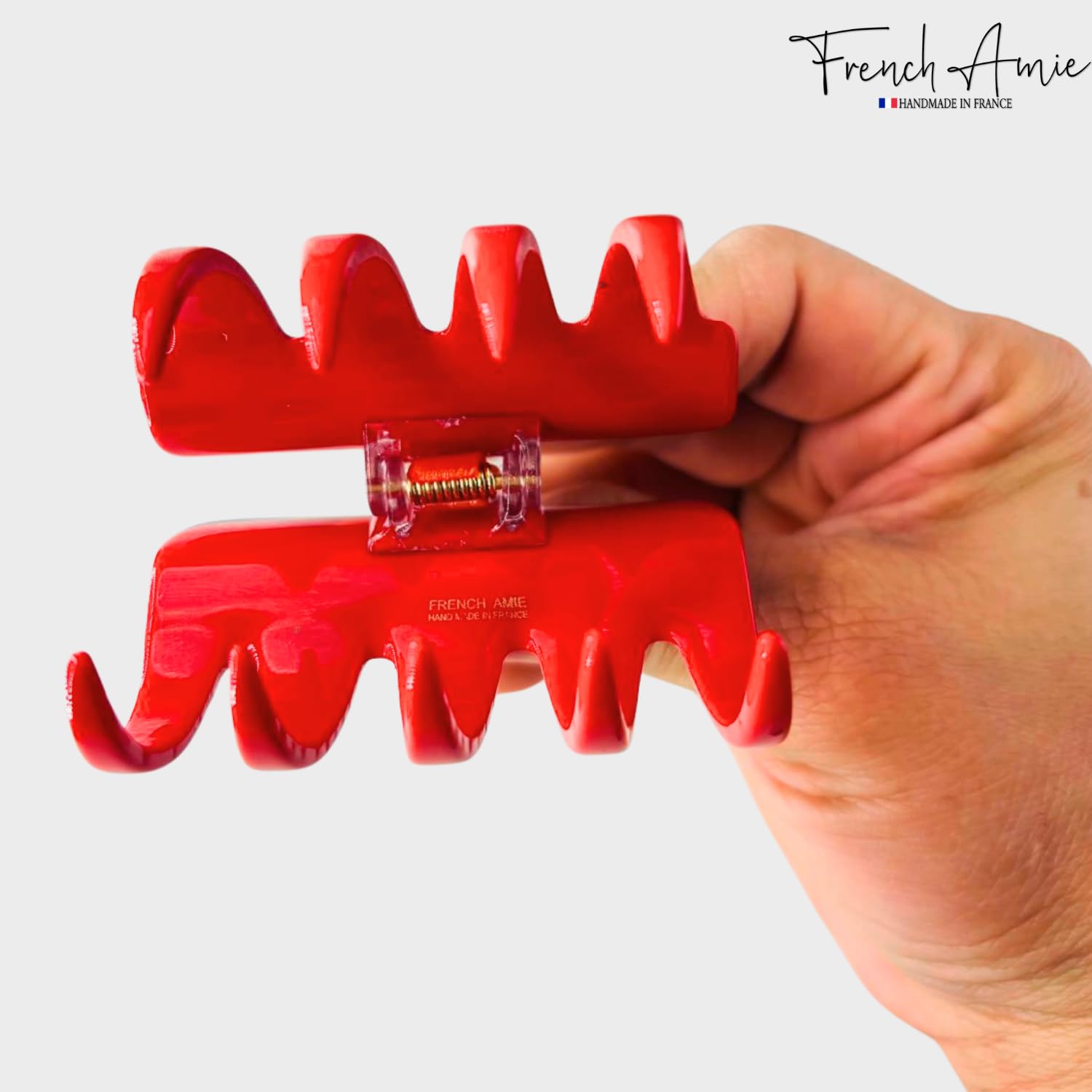 French Amie Crown Wave Small Claw Clip 2 1/2” Celluloid Handmade Covered Metal Spring Hair Clip for Women (Red)