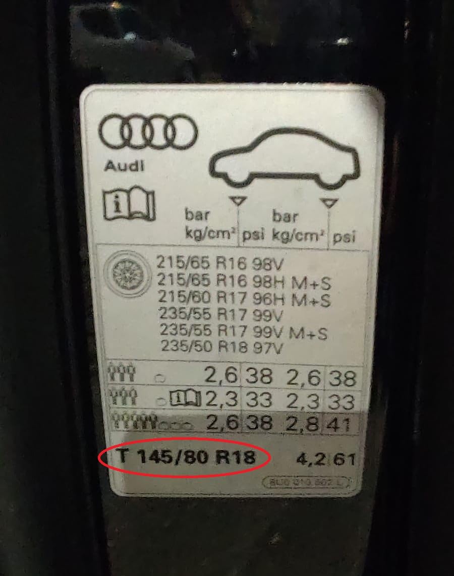 Kit Rueda de Repuesto de 18 Pulgadas Compatible con Audi Q3 (2017>) con Gata, Llave y Funda 145/80R18 (70 x 16 cm)