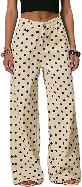 Mxiqqpltky Polka Dot Jeans Women Low Rise Cute Baggy Jeans Y2k Straight Wide Leg Boyfriend Denim Pants Streetwear
