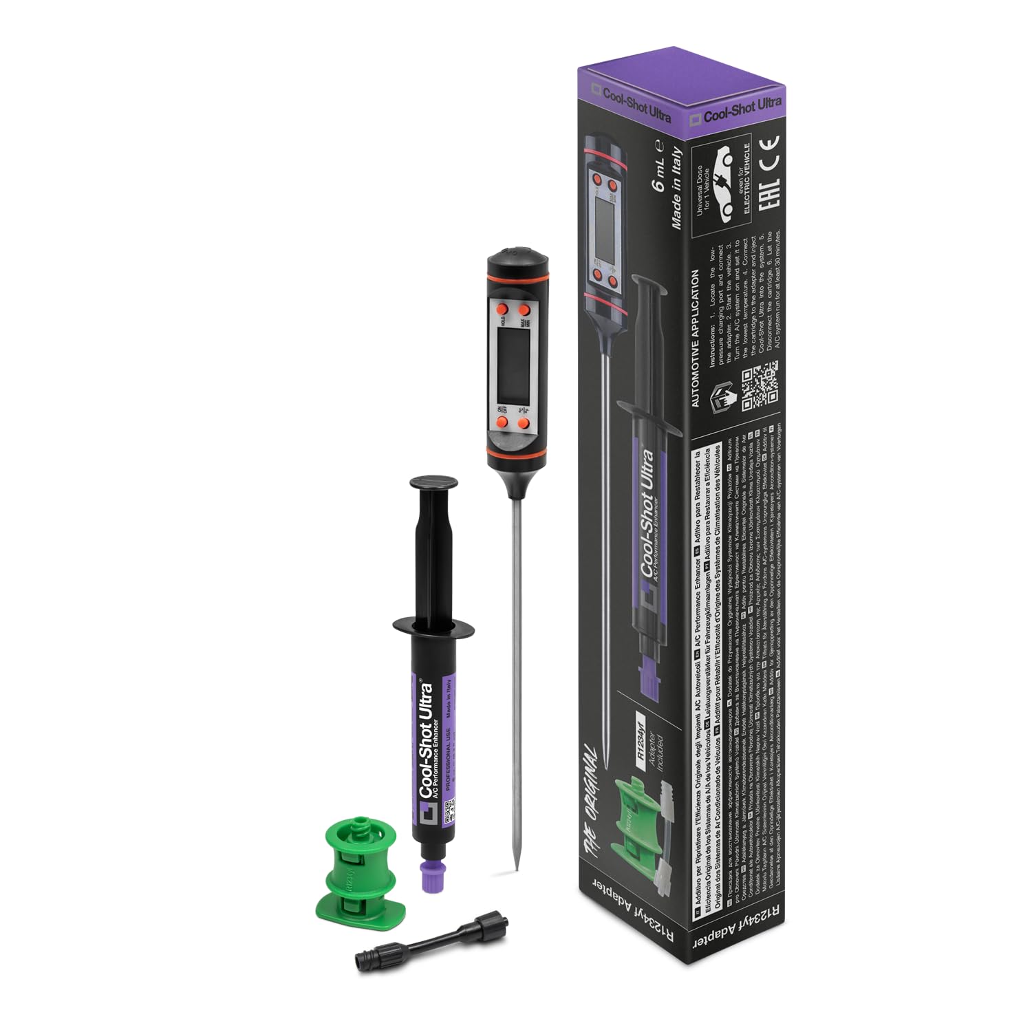 ERRECOM Cool-Shot Ultra Restores Original Vehicle A/C Efficiency, Colder Air, Includes Thermometer to Check Temperature Before & After, 6 mL Cartridge + R1234yf Adapter