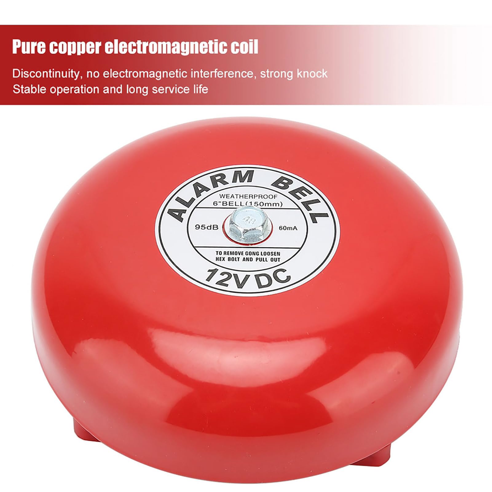 Cloche d'Alarme Incendie Intérieure en Acier Inoxydable 12V 6 Pouces (Technologie de Galvanoplastie, Coque en Carbure) Sonnette d'Alerte Feu Corrosion Résistante