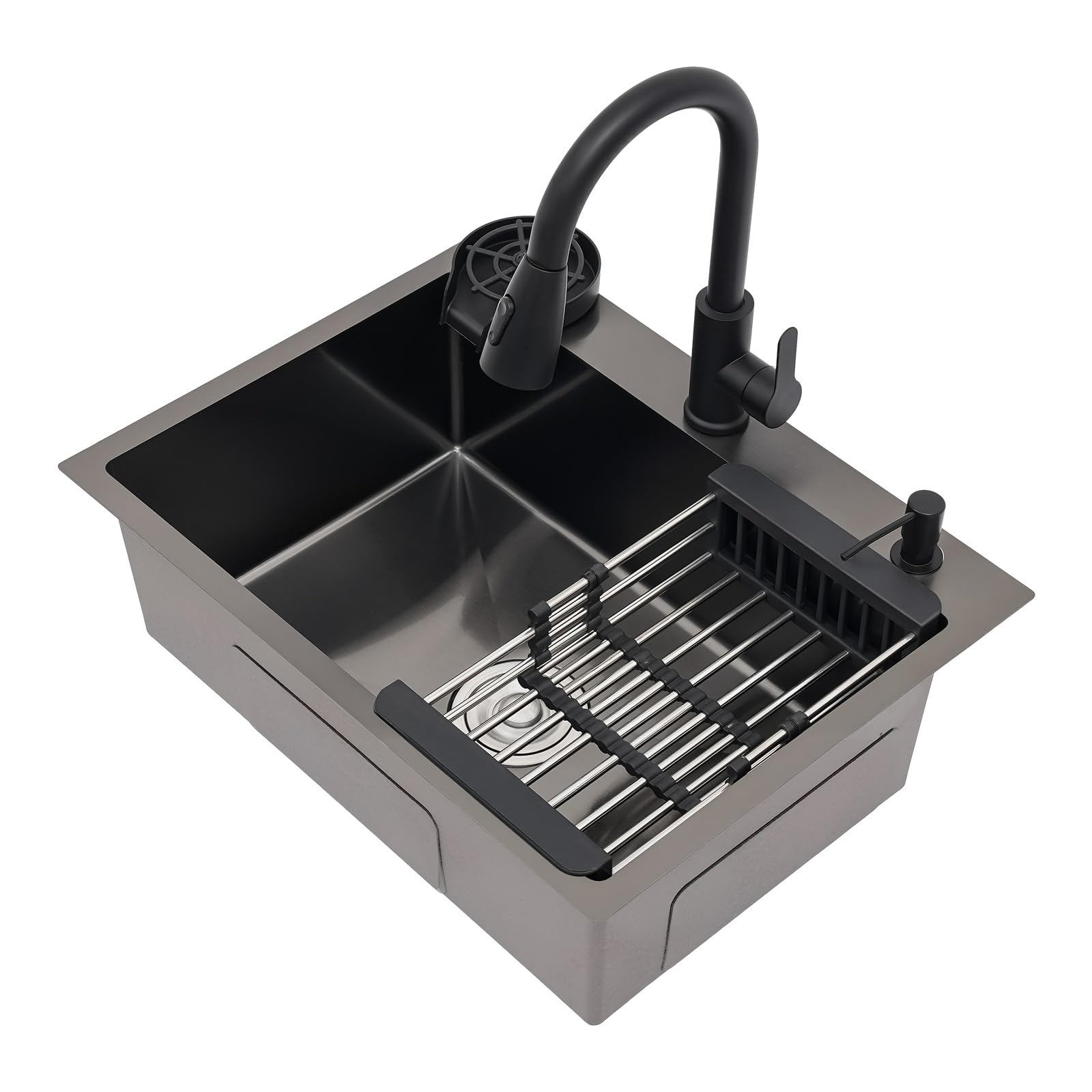 Fregadero de cocina negro de acero inoxidable 60x45 cm, fregadero empotrado de 1 seno con grifo extraíble, cesta de escurrido, dispensador de jabón y dispensador de detergente, resistente a los