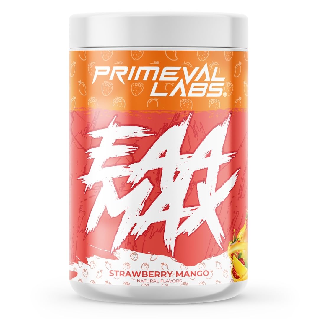(Strawberry Mango) - Primaeval Labs EAA Max, Amino Acid Supplements, BCAAs, EAAs, Electrolytes, Enhances Performance, Supports Hydration, Improves Metabolism, Strawberry Mango, 30 Servings