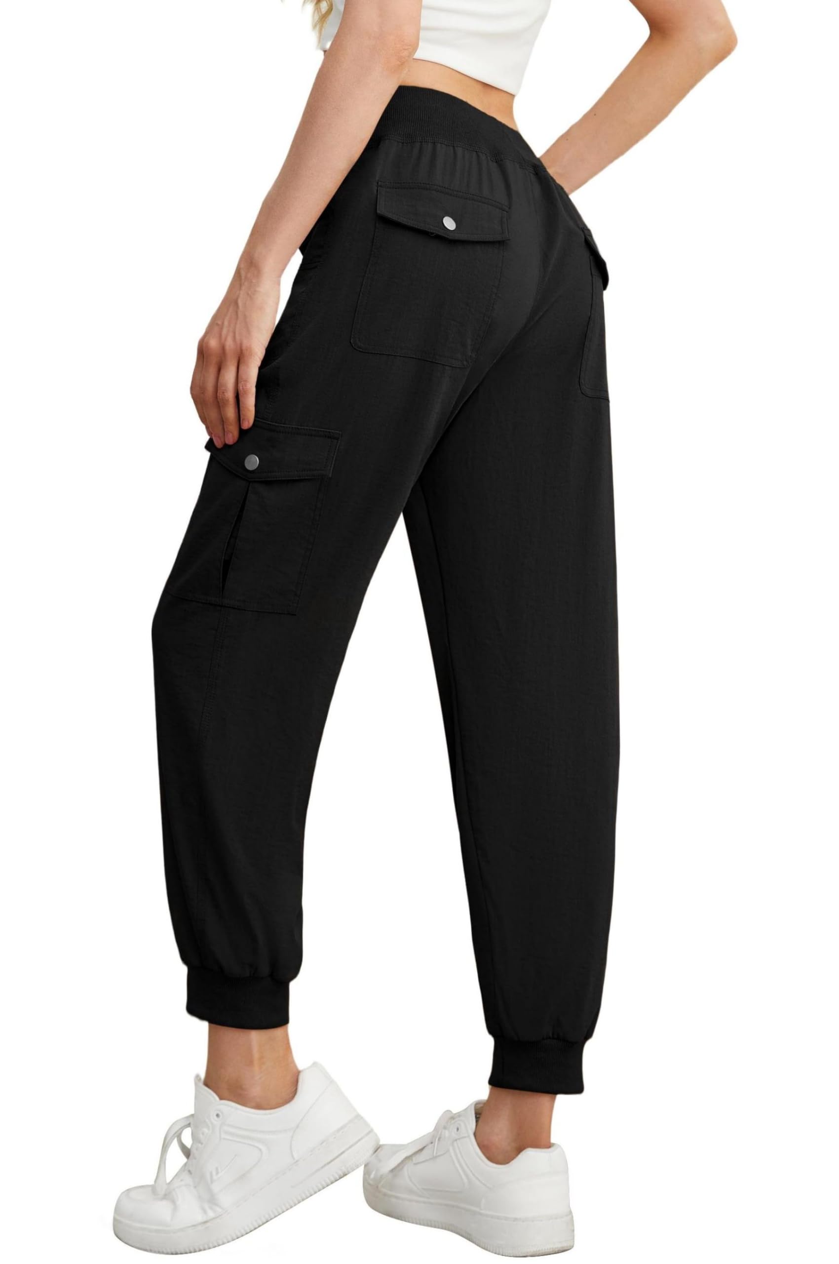 GRECERELLE Pantalones de chándal para mujer, pantalones cargo de verano, pantalones deportivos para el tiempo libre, pantalones de entrenamiento para mujer con cintura elástica, puños y 6 bolsillos