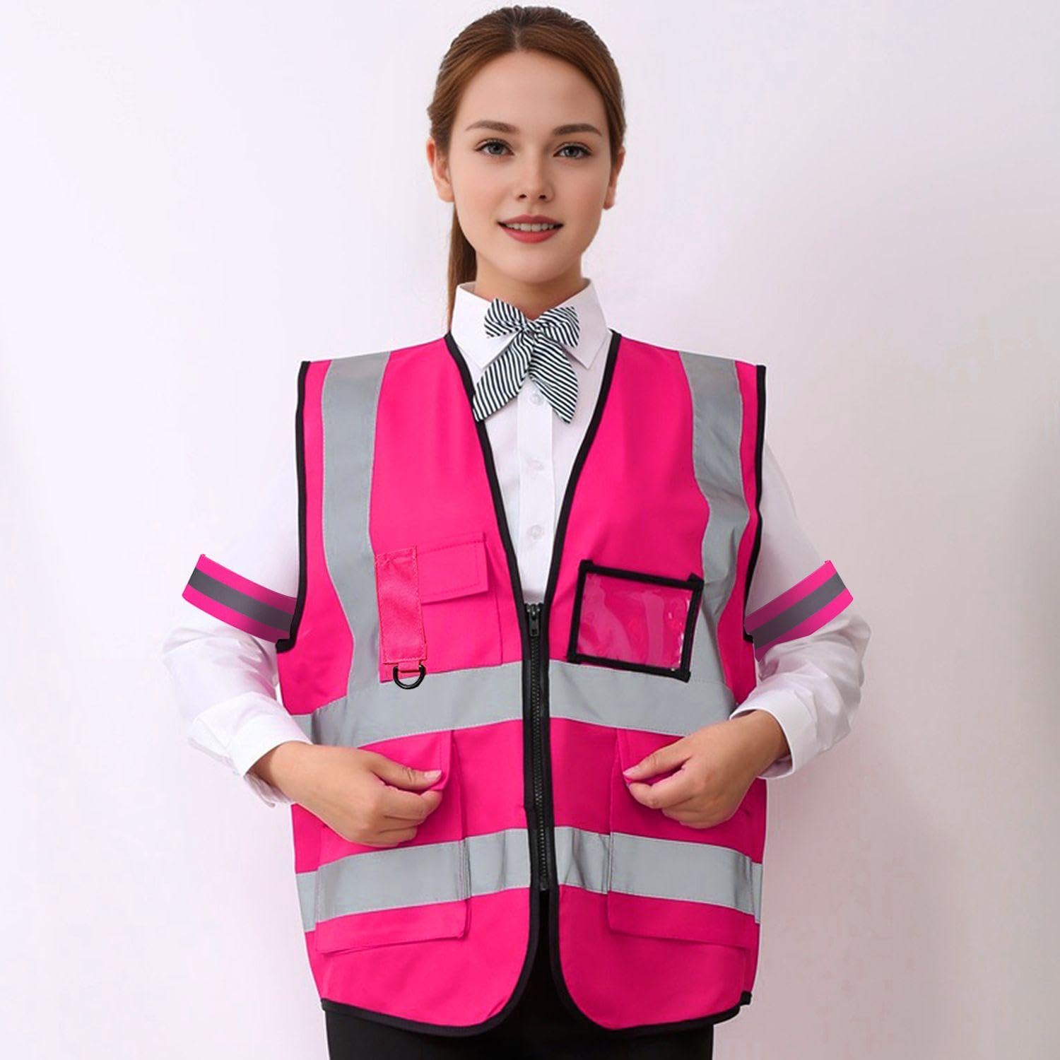 1 Pezzo Di Gilet Riflettente, 1 Paio Di Braccialetti Riflettenti, Classico Gilet Di Avvertimento Di Sicurezza, Giubbotto Di Sicurezza Con Borsa, Decorazione Di Indumenti Rossi Di Rosa