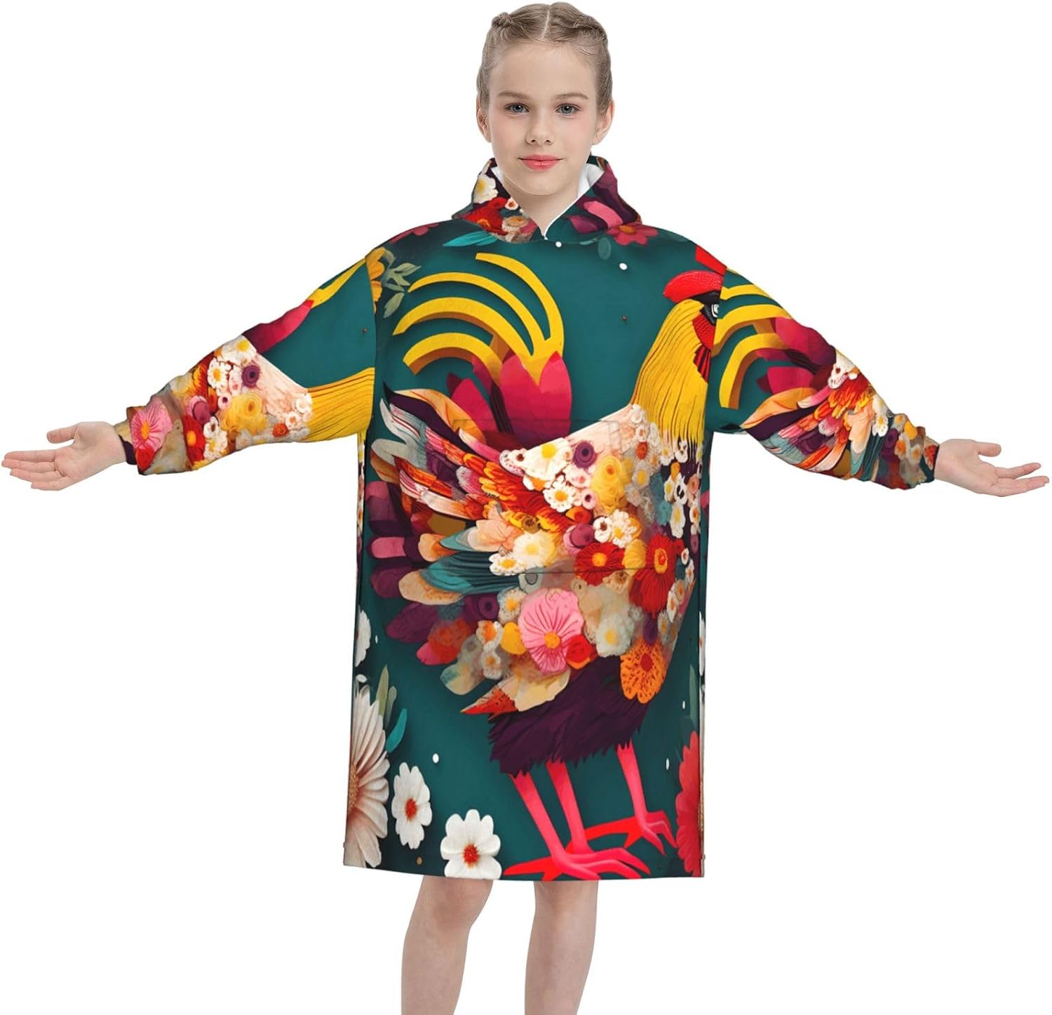 Flower Heart Chicken Print Oversized Blanket Hoodie, Wearable Blanket Hooded,Hooded Pullover With Pocket