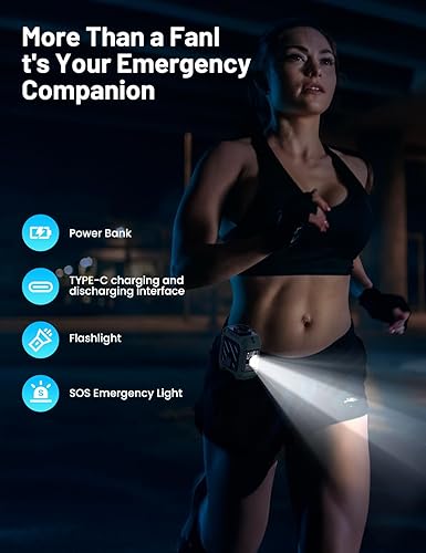 Miniatura 9 de Ventilador de cintura manos libres de 10000 mAh con clip para cinturón, 5 velocidades, enfriamiento de 40 horas y linterna incorporada, ventilador