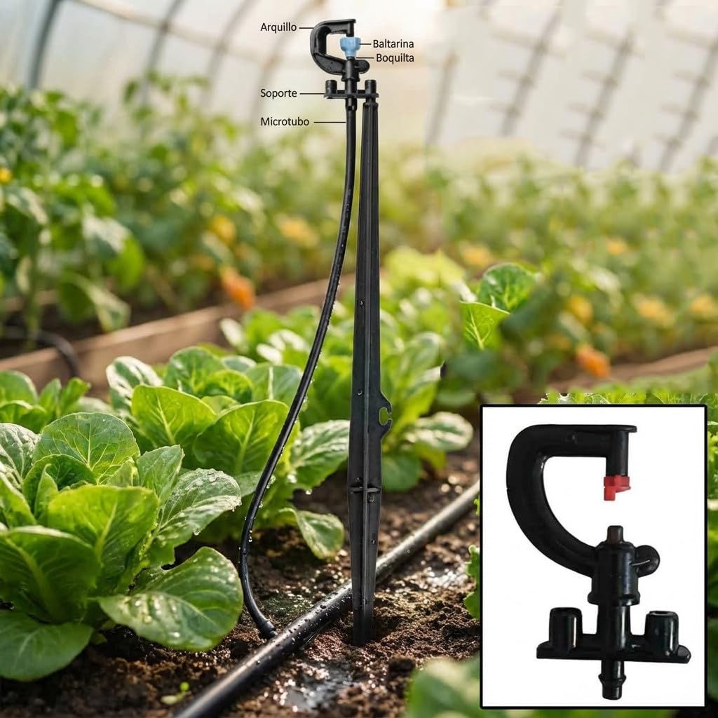 Suinga. Lot 50 arroseur 180º montés avec microtube et Prise avec Piquet 40 cm pour arrosage agricole et Jardinage. Microasperseur 180º avec débit 73 à 125 l/h et portée 1,7 mètres