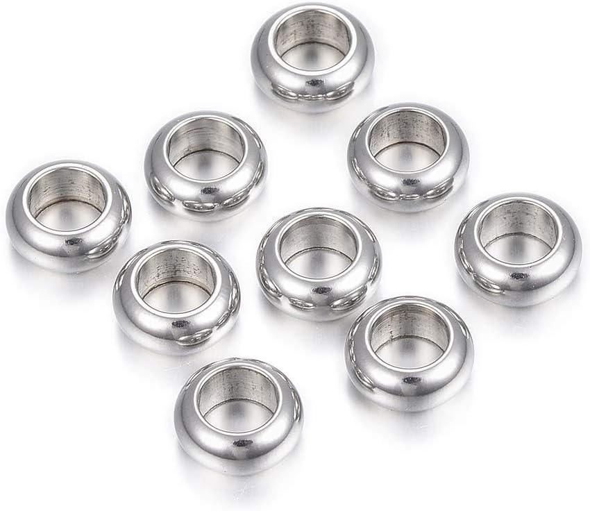 Fashewelry 100Pcs Large Hole Stainless Steel Rondelle Spacer Beads 10x5mm Smooth Polished Metal European Charm Beads for Jewelry Making Hole: 6mm
