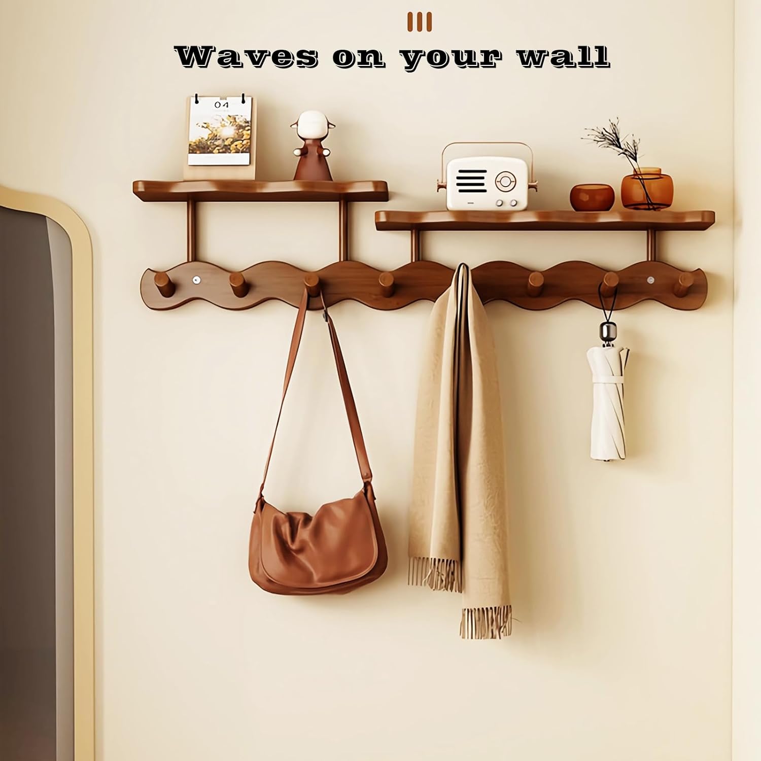 Walnut-6 Hooks Piano Key Clothes Hanger, Sea Wave Crescent Design Wall Mounted Entrance Hanging Clothes Hook for Entering The Door