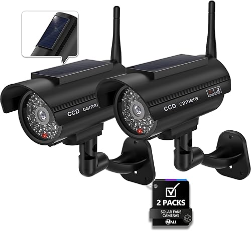 WALI Cámara falsa simulada, cámara de seguridad falsa alimentada por energía solar con luz LED, cámaras domo de seguridad de vigilancia simulada con