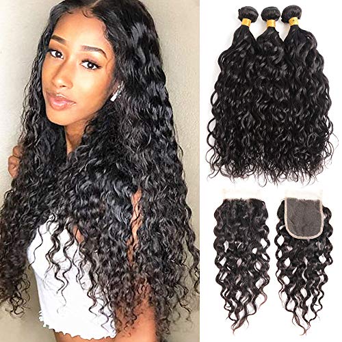 Brazilian Water Wave Hair Bundles 8A Grade 3 Bundles with 4x4 Lace Closure Free Part 100% Virgin Human Hair Extensions Natural Color (18 20 22+16 closure)