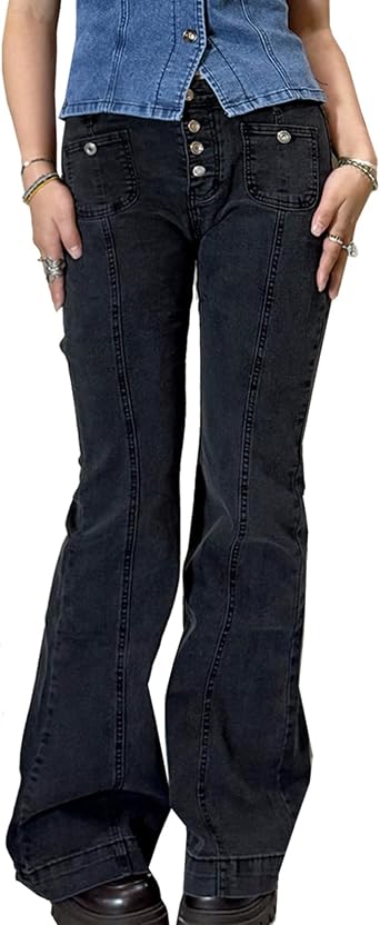 HOXIJIA Women Y2K Low Rise Flare Jeans Wide Leg Stretch Denim Pants 2000s Retro Bell Bottom Streetwear Trousers