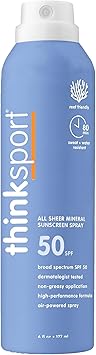 Thinksport SPF 50+ Mineral Sunscreen Spray, All Sheer, 6 Fl Oz Natural, Water Resistant Body Sun Protection, Vegan & Reef Safe