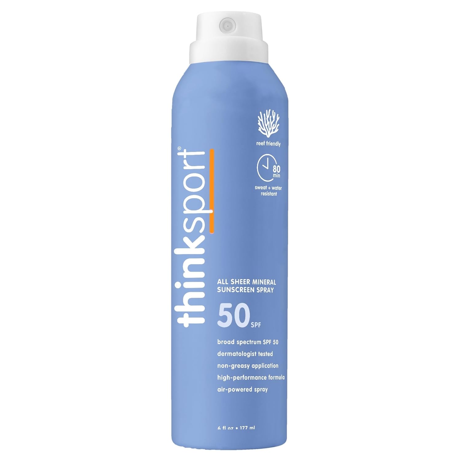 Thinksport SPF 50 Mineral Sunscreen Spray All Sheer 6 Fl Oz Natural Water Resistant Body Sun Protection Vegan