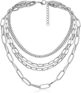 KunJoe Layered Chain Necklaces for Women: 18 Inch Gold Plated Paperclip Choker, Silver Tone Rope Ball Chains Punk Jewelry